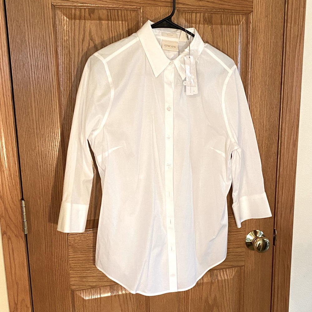 Chico’s Classic White Blouse 3/4 Sleeve No Iron NWT Size 1 REG $89
